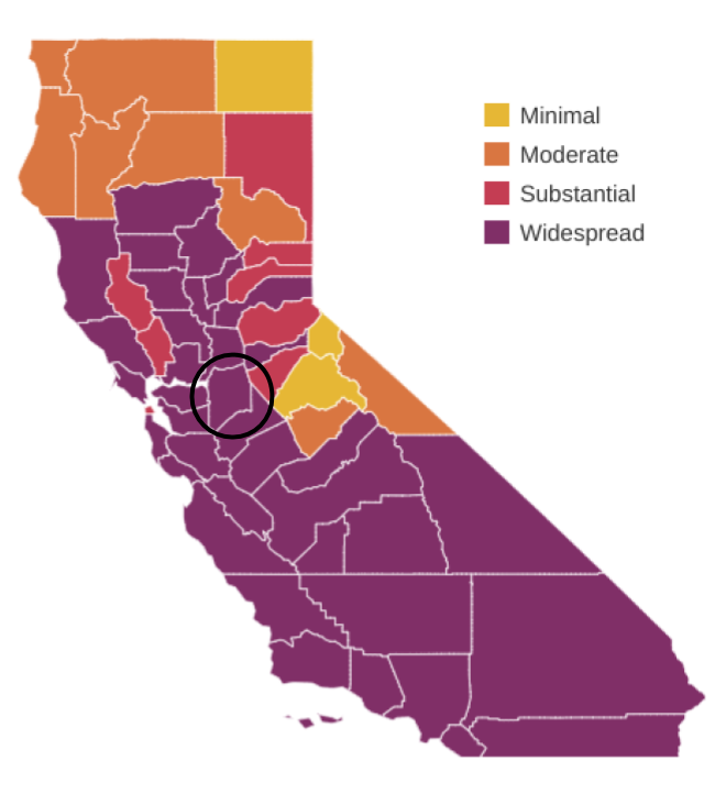 Map of California counties according to their position on the new reopening tiers. San Joaquin is in Tier 1, the most strict.