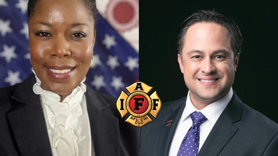 Eleassia Davis and Jaime Medina with Tracy Firefighters' Association logo