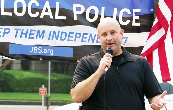 Stockton Police Officers' Association President Chuck Harris at a rally Saturday in support of local law enforcement.